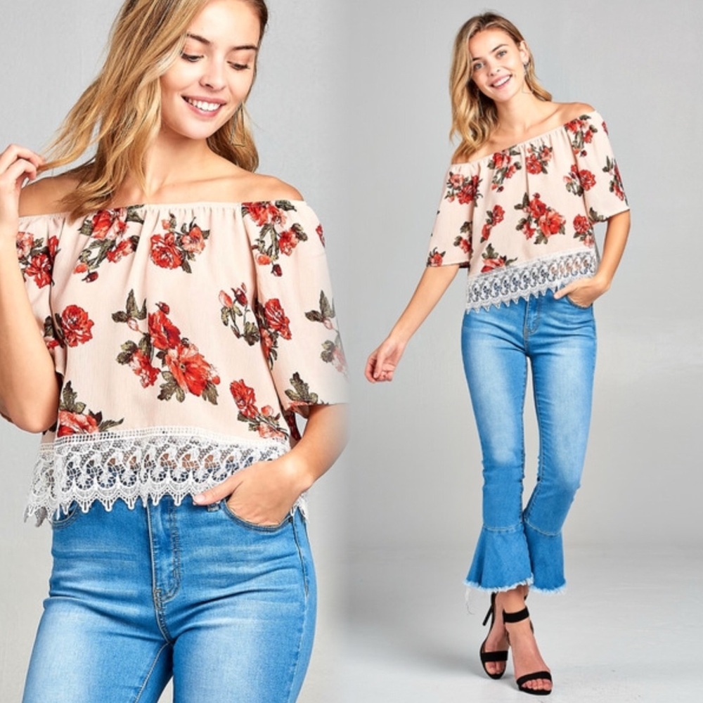 Floral Off-Shoulder Top with Lace Trim